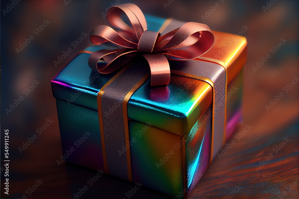 Poster a colorful gift box with a bow on top of it on a table with a blurry background and a black backgrou