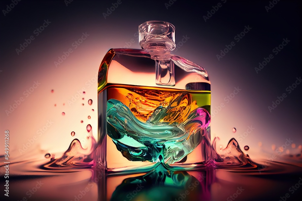 Poster  a bottle of liquid with a colorful design on it's side and a liquid splashing around it. Generative AI