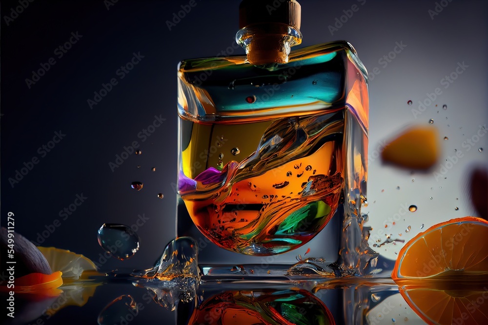Poster a bottle of liquid with a splash of water on it and an orange slice in the foreground with a dark ba