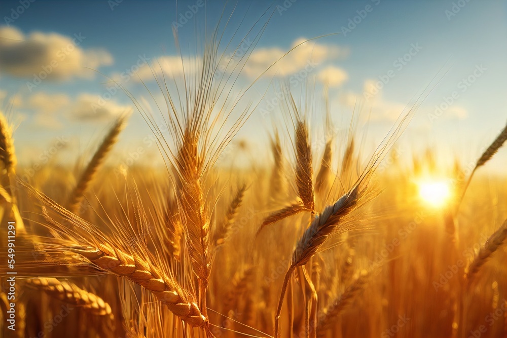 Poster a field of wheat with the sun shining through the clouds in the background. generative ai