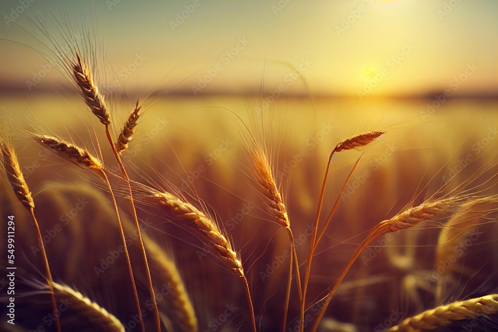 Poster a field of wheat with the sun setting in the background and a few stalks of wheat in the foreground.