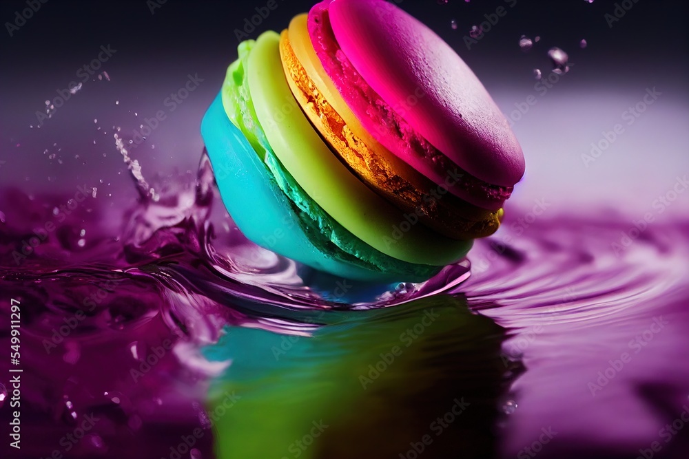 Poster a rainbow macaron is splashing in the water with a splash of water on it's surface. generative ai