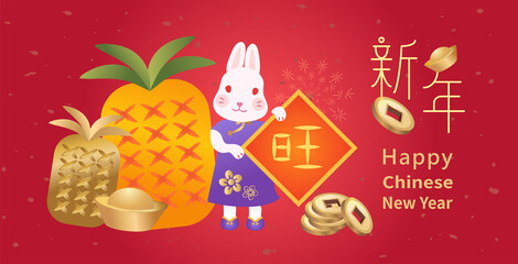 Spring festival banner design with cute rabbit, Yuan Bao, coins and pineapple. translation : Happy chinese new year, year of rabbit.