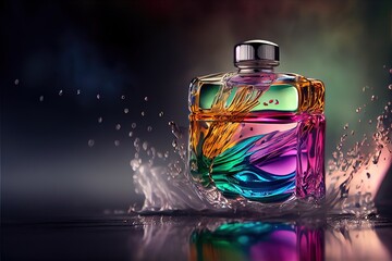  a colorful bottle of perfume with water splashing around it on a reflective surface with a black background and a colorful background. Generative AI