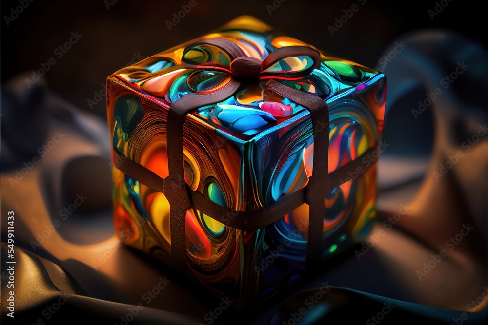 Poster a colorful cube with a bow on top of it on a table cloth with a black background and a brown ribbon.