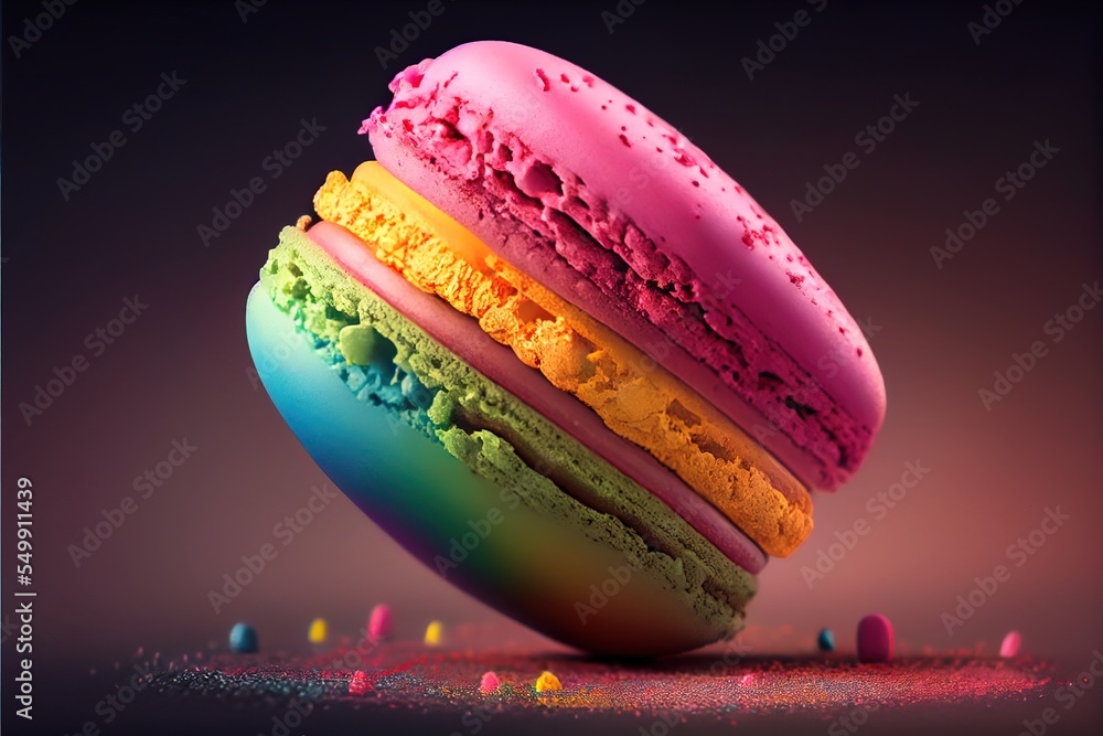 Poster a colorful doughnut with a rainbow frosting on top of it and sprinkles around it. generative ai