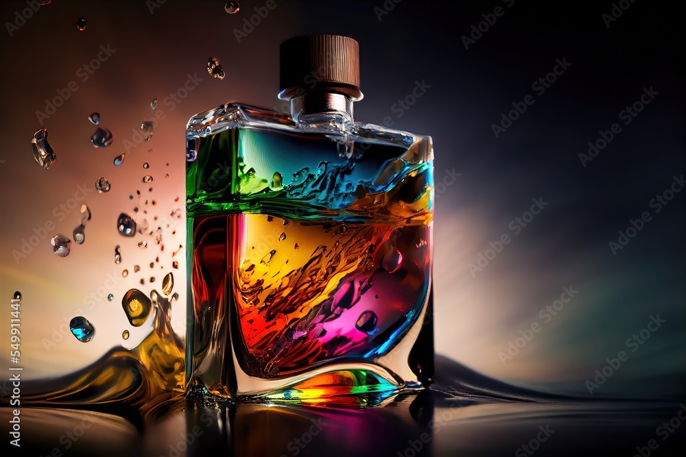 Poster a colorful bottle of liquid with a splash of water on it's side and a black background with a rainbo
