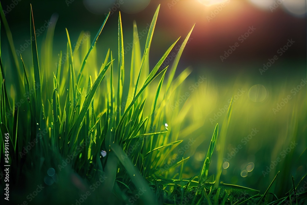 Poster a close up of a grass field with the sun shining in the background and water droplets on the grass. 