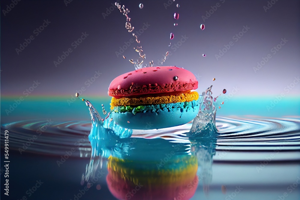 Poster a colorful macaron with water splashing out of it, creating a vibrant and dynamic scene the macaron 