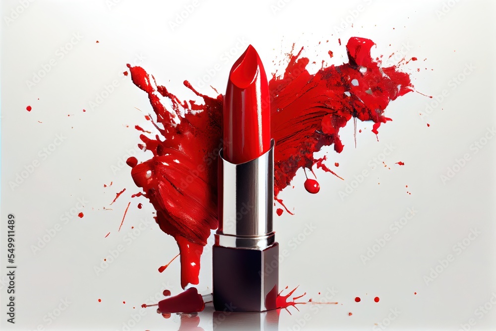 Poster a red lipstick with a splash of paint on it's side and a white background with a white background. g