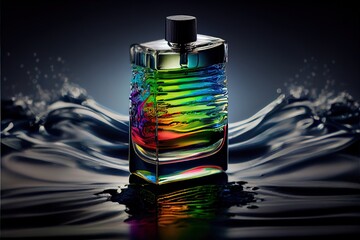  a bottle of water with a rainbow colored liquid in it and a black background with a splash of water. Generative AI