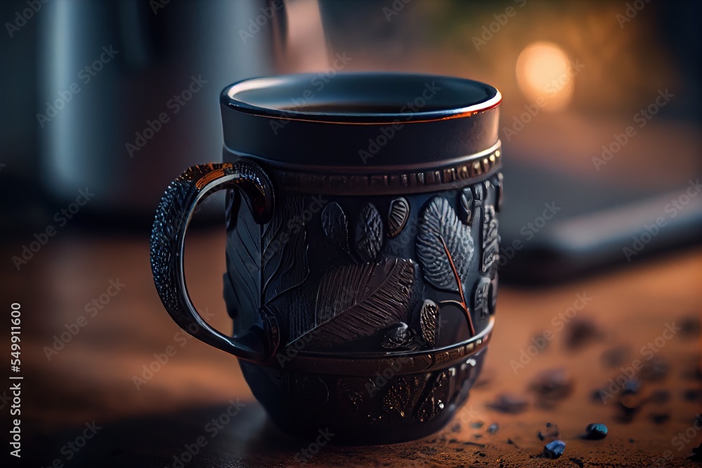 Poster a coffee mug with a handle on a table with coffee beans and a coffee pot in the background with a ca