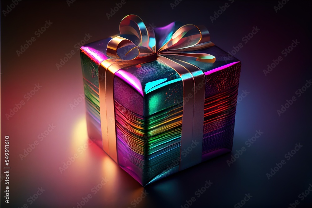 Poster a colorful gift box with a bow on it's side and a light shining on the top of it. generative ai