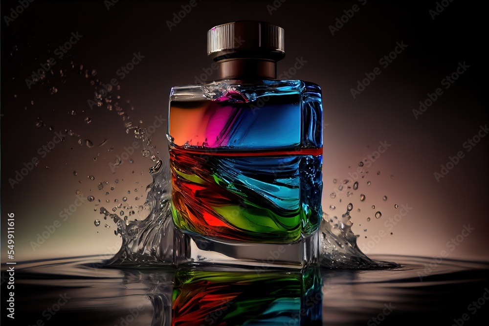 Poster a colorful bottle of perfume with water splashing around it on a black background with a reflection 