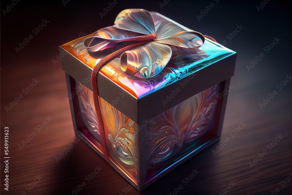 Poster a colorful gift box with a bow on a table top with a dark background and a light reflection on the b