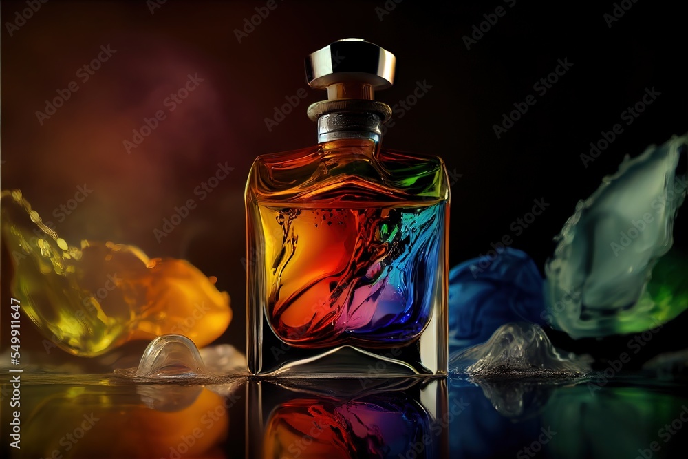 Poster a colorful bottle of perfume sitting on a table with a black background and a few colorful objects a