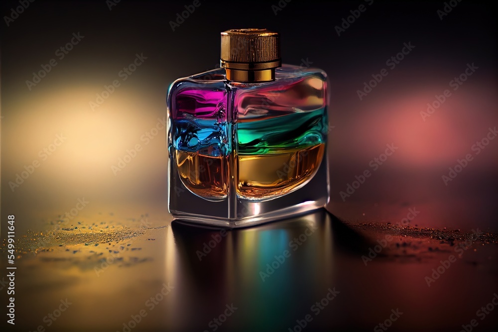 Poster a bottle of perfume with a colorful liquid inside of it on a table top with a blurry background. gen