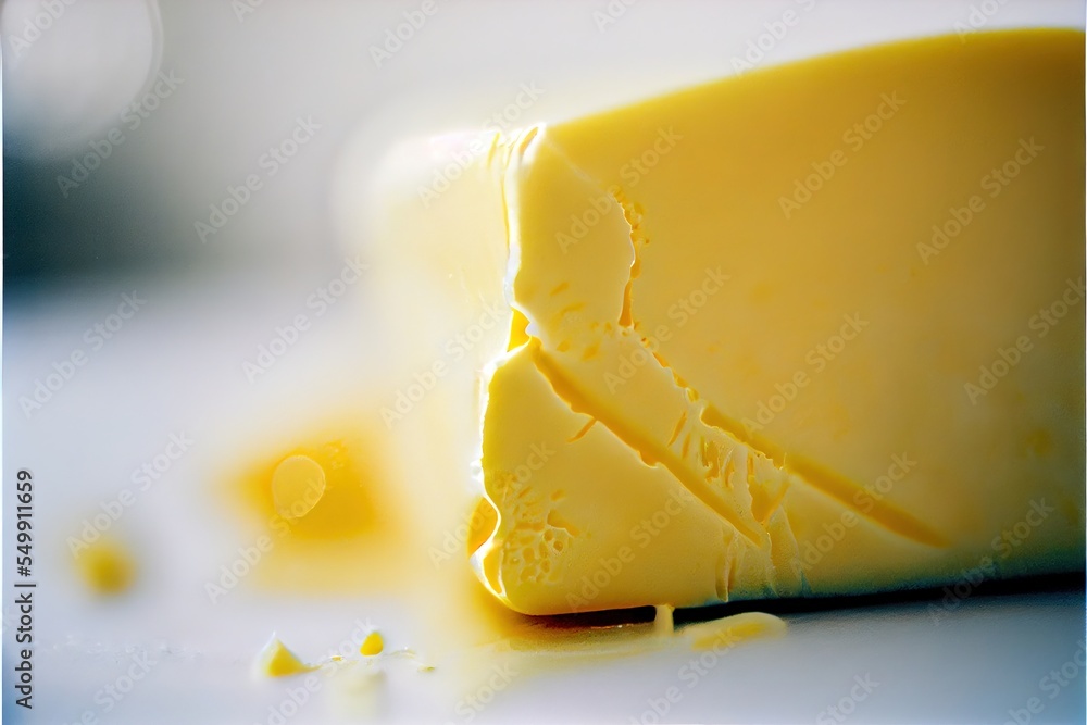 Poster a piece of cheese with a bite taken out of it on a table top with a blurry background. generative ai
