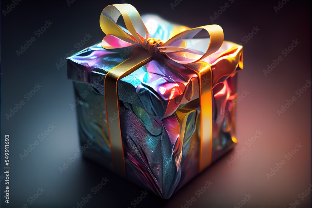 Poster a colorful gift box with a bow on it's side and a ribbon on the top of it. generative ai