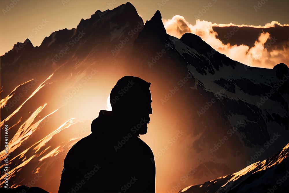 Poster a man standing in front of a mountain with the sun setting behind him and the clouds in the sky. gen