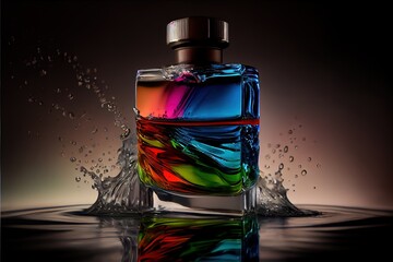  a colorful bottle of perfume with water splashing around it on a black background with a reflection of the bottle. Generative AI