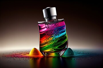  a colorful bottle of perfume sitting on a table next to a cone of colored powder on the floor and a black background. Generative AI
