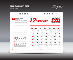 December 2023 template- Desk Calendar 2023 year template, wall calendar 2023 year, Week starts Sunday, Planner design, Stationery design, flyer design, printing media, red concept design