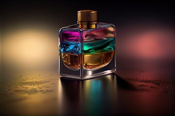  a bottle of perfume with a colorful liquid inside of it on a table top with a blurry background. Generative AI