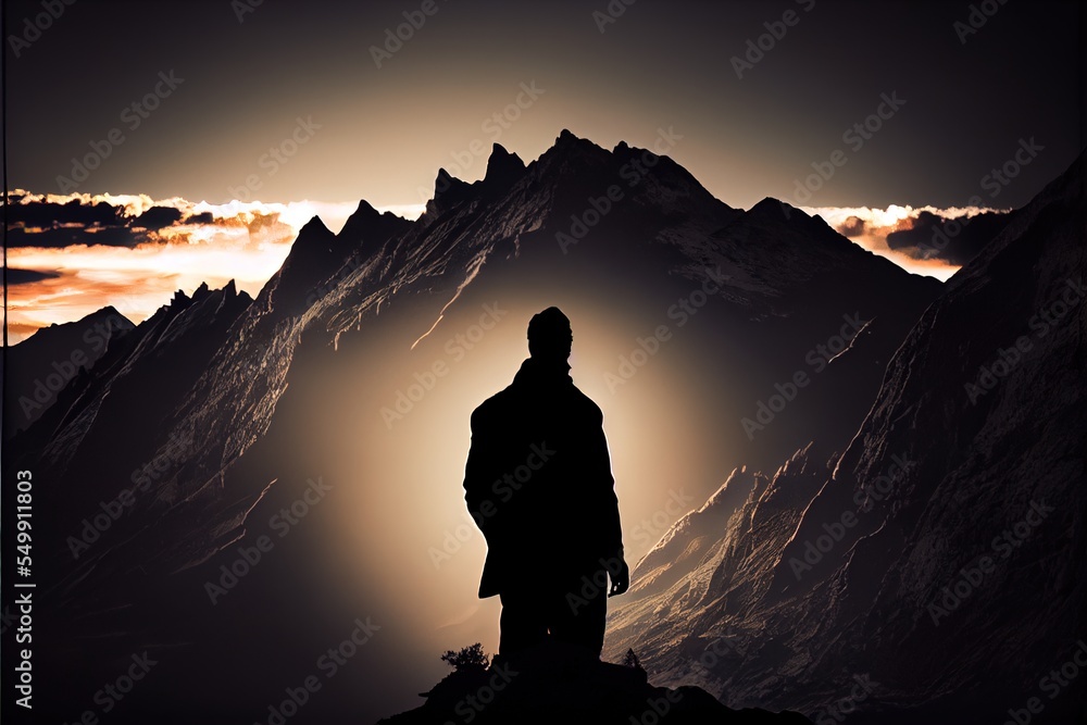Poster a person standing on a mountain top with the sun setting behind them and a mountain range in the bac