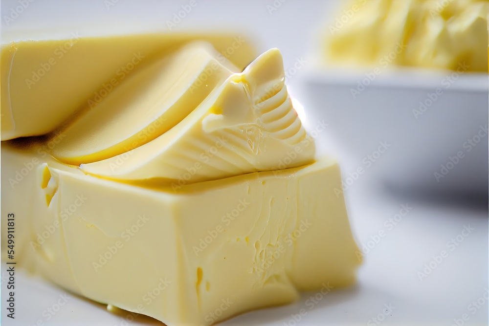 Poster a close up of a piece of butter on a white surface with a bowl of butter in the background. generati