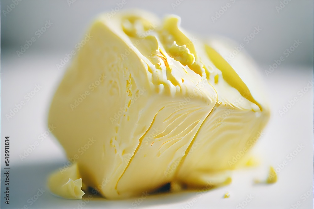 Poster a piece of cheese that is melting on a table top with a white background and a blue border around it