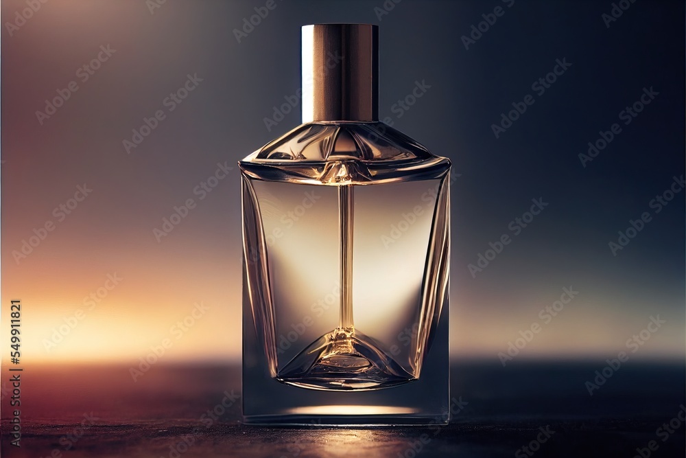 Poster a bottle of perfume on a table with a blurry background and a light reflection on the bottle of the 