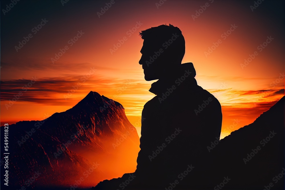 Poster a man standing in front of a mountain at sunset with a mountain in the background and a red sky. gen