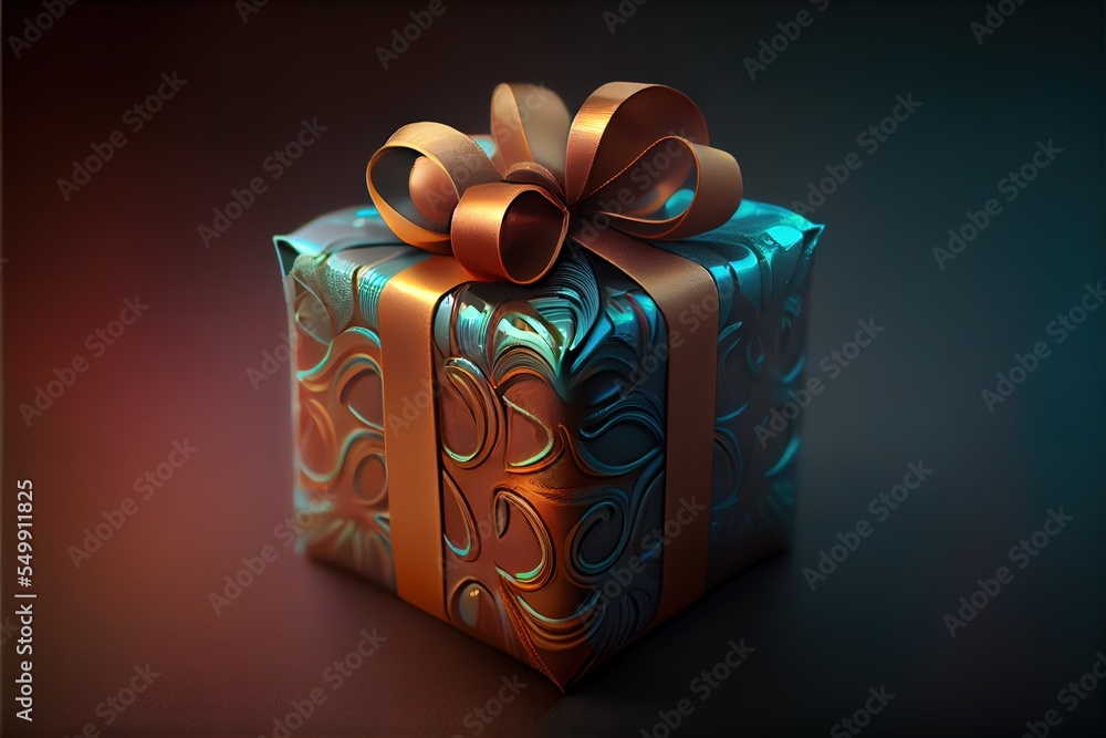 Poster a blue and gold gift box with a bow on it's side and a red background with a red light. generative a