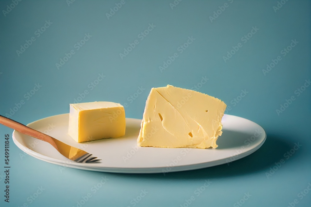 Poster a plate with a piece of cheese and a fork on it with a blue background and a blue backdrop. generati