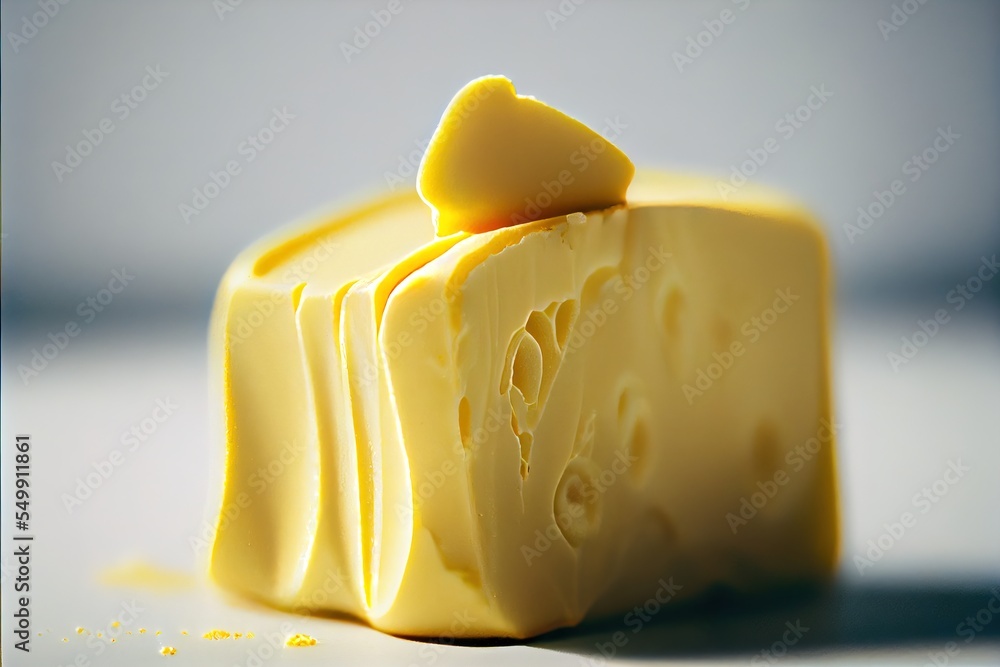Poster a piece of cheese with a bite taken out of it on a table top with a light background and a shadow. g