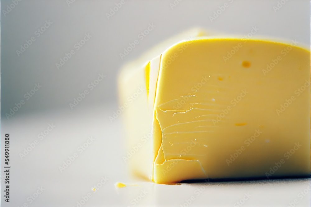 Poster a piece of cheese that is on a table with a white background and a blue border around it. generative