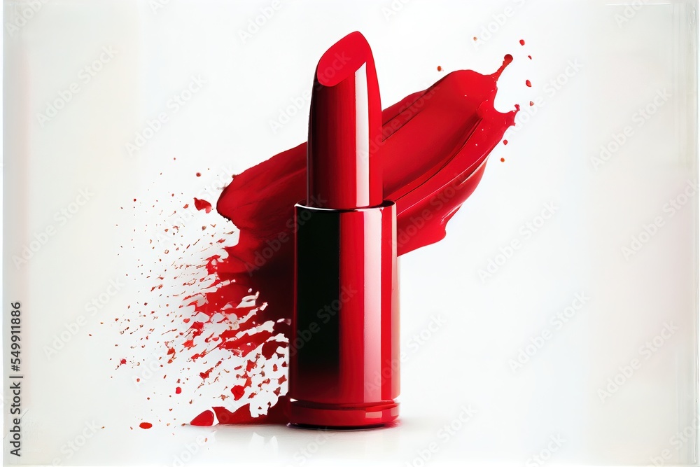 Poster a red lipstick with a splash of red liquid on it's side and a white background with a white backgrou