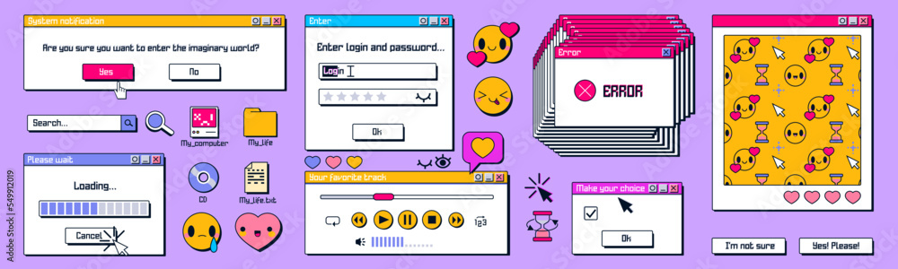 Poster y2k windows, retro screens in retrowave, vaporwave vintage style. computer browser and loading proce