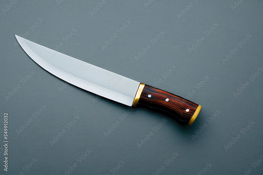 Poster a knife with a wooden handle on a table top with a yellow stripe on it and a black handle. generativ