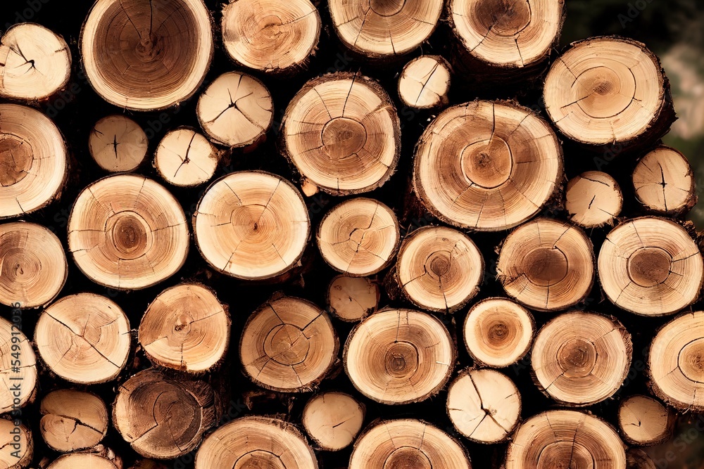 Poster a pile of cut logs stacked on top of each other in a pile of logs. generative ai