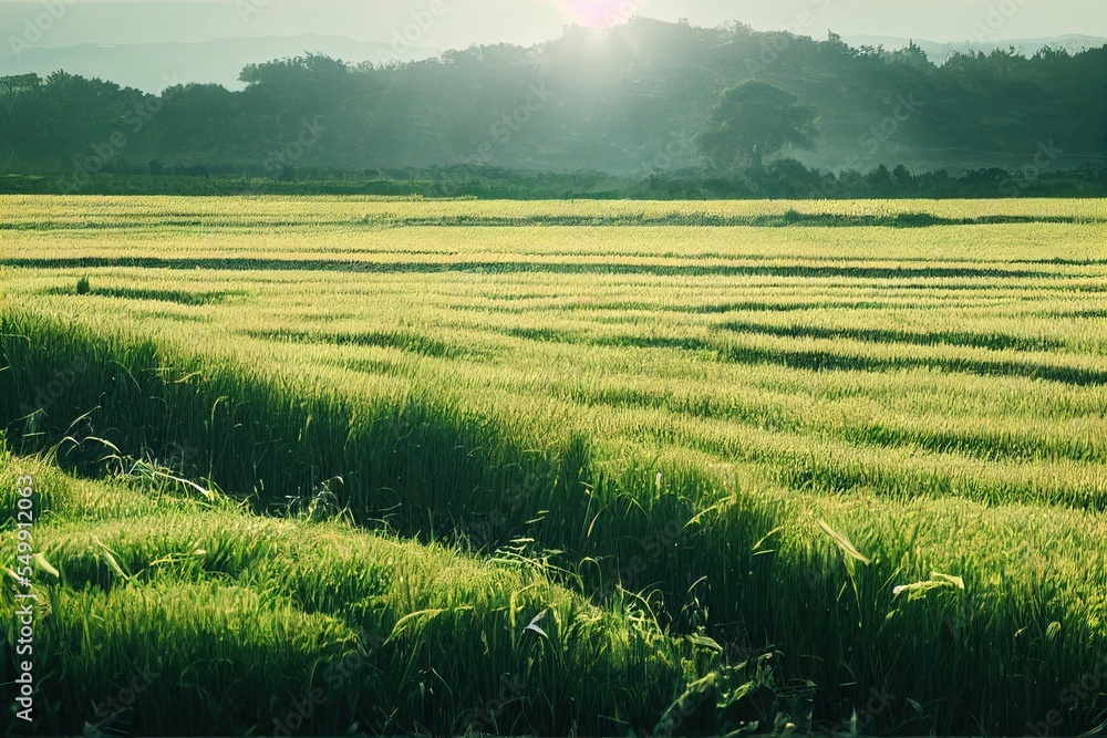 Poster a field of green grass with the sun shining in the background and trees in the distance in the dista