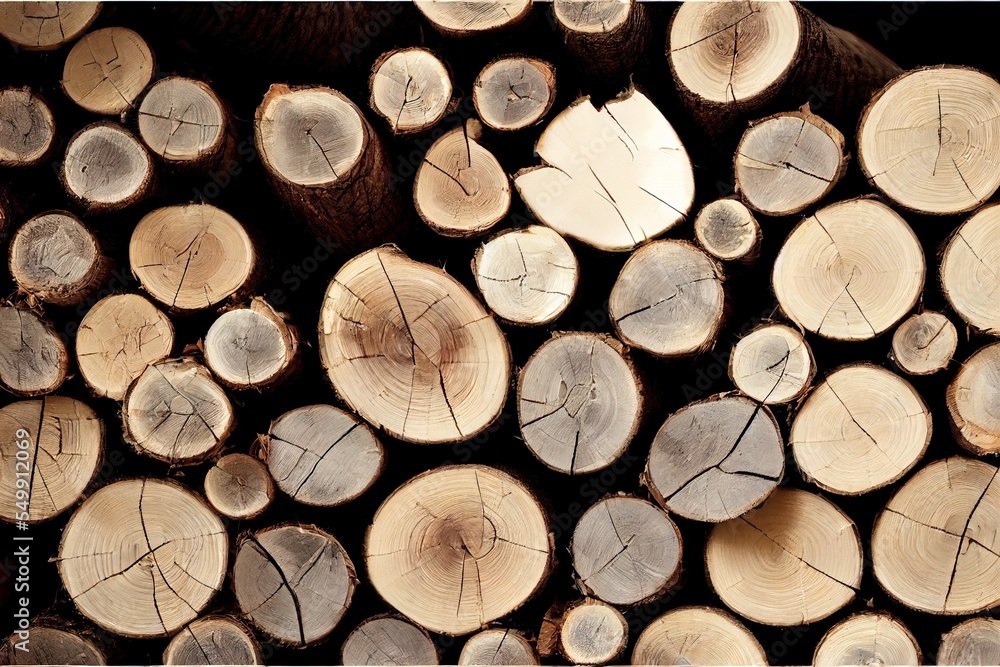Poster a pile of cut logs sitting next to each other on top of a table in a forest area with a black backgr