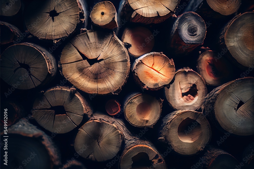 Poster a pile of cut logs with a star on top of them and a few other logs in the background. generative ai