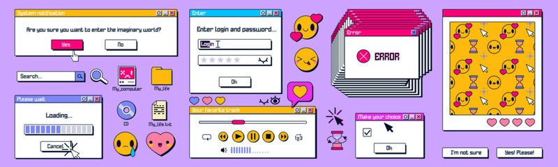 Y2k windows, retro screens in retrowave, vaporwave vintage style. Computer browser and loading process bar, video player, pc desktop error message box and popup user interface elements, vector ux set © klyaksun
