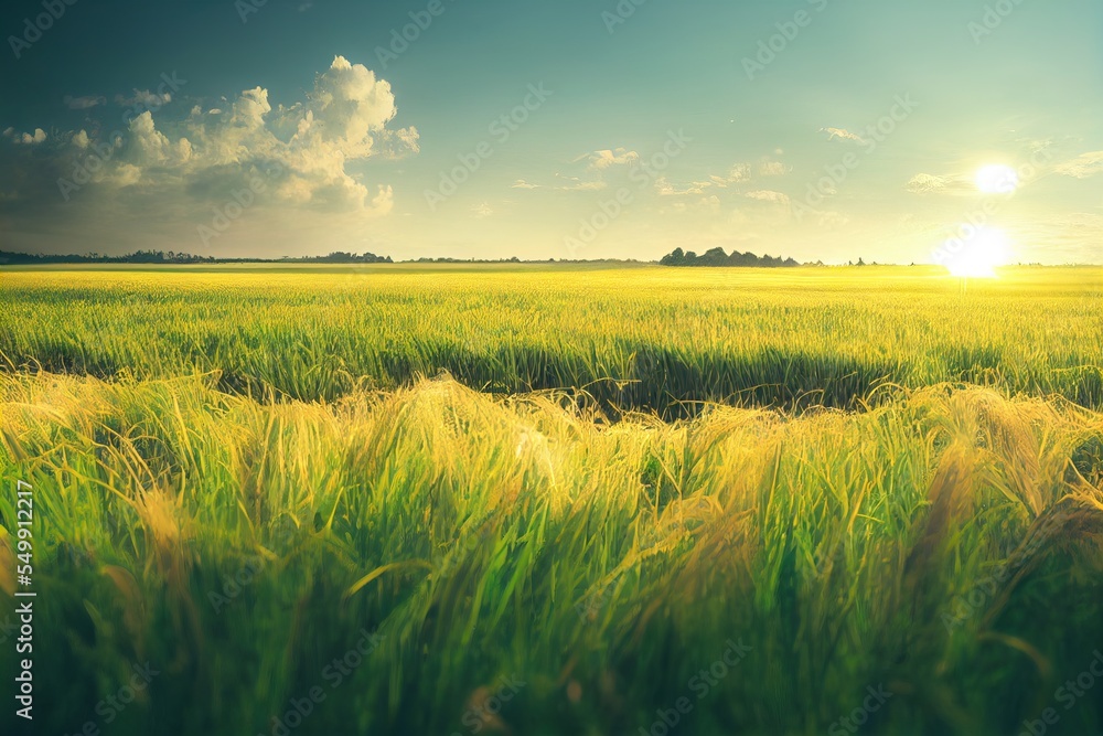 Poster a field of grass with the sun shining in the background and clouds in the sky above it. generative a