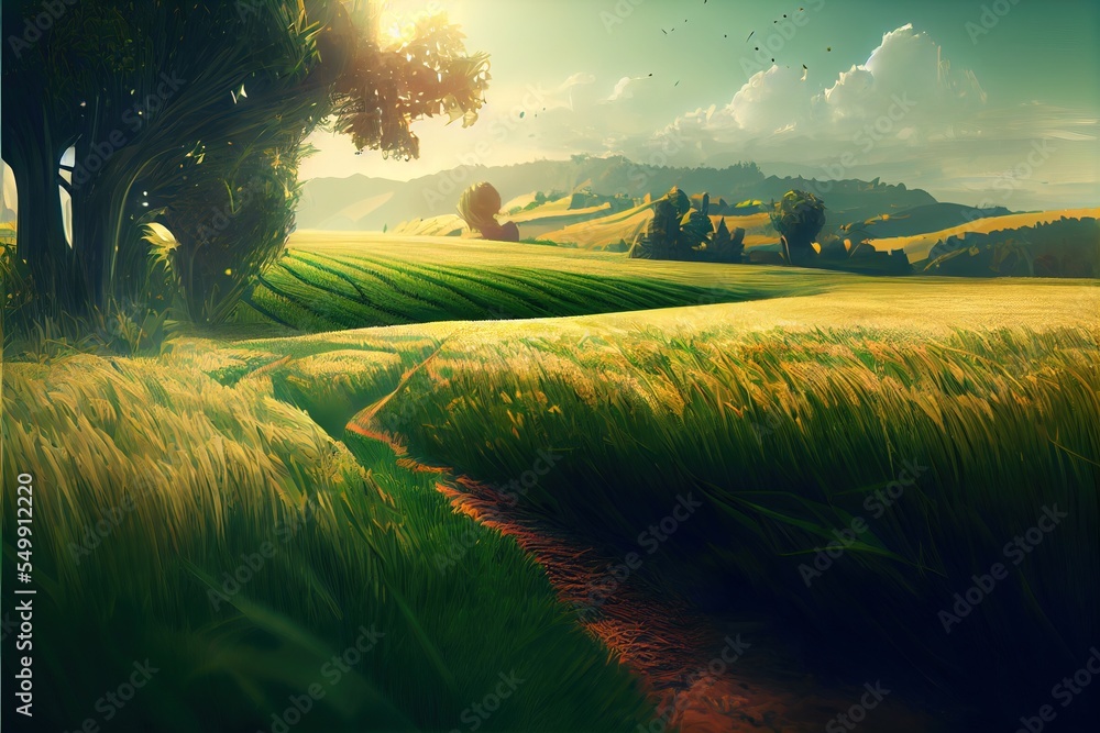 Poster  a painting of a green field with a path leading to a tree and a hill in the distance with a bird flying over it. Generative AI