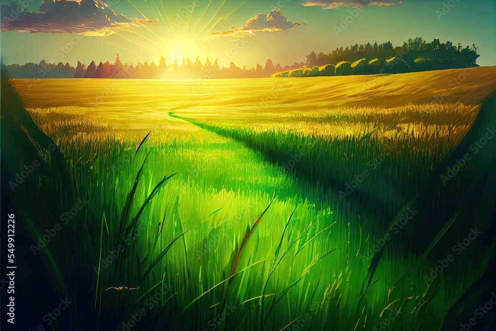 Poster a painting of a green field with a path going through it and the sun shining in the distance behind 