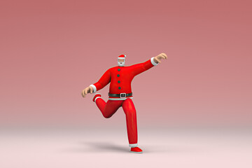 A man wearing Santa Claus costume. He is doing exercise.  3d rendering of cartoon character in acting.