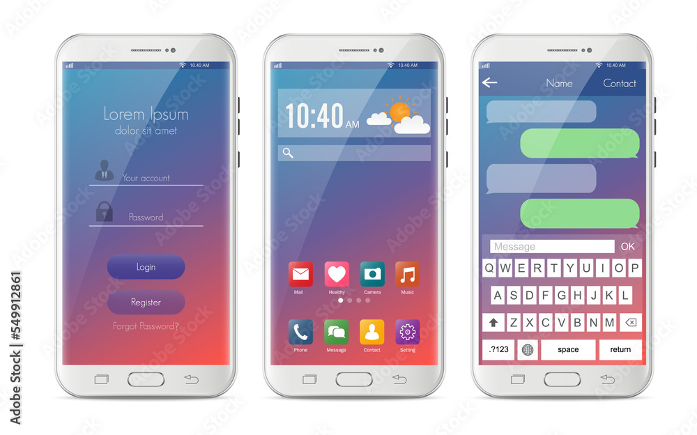 Poster new realistic mobile smart phone modern style. smartphone with ui icons. interface login design and 